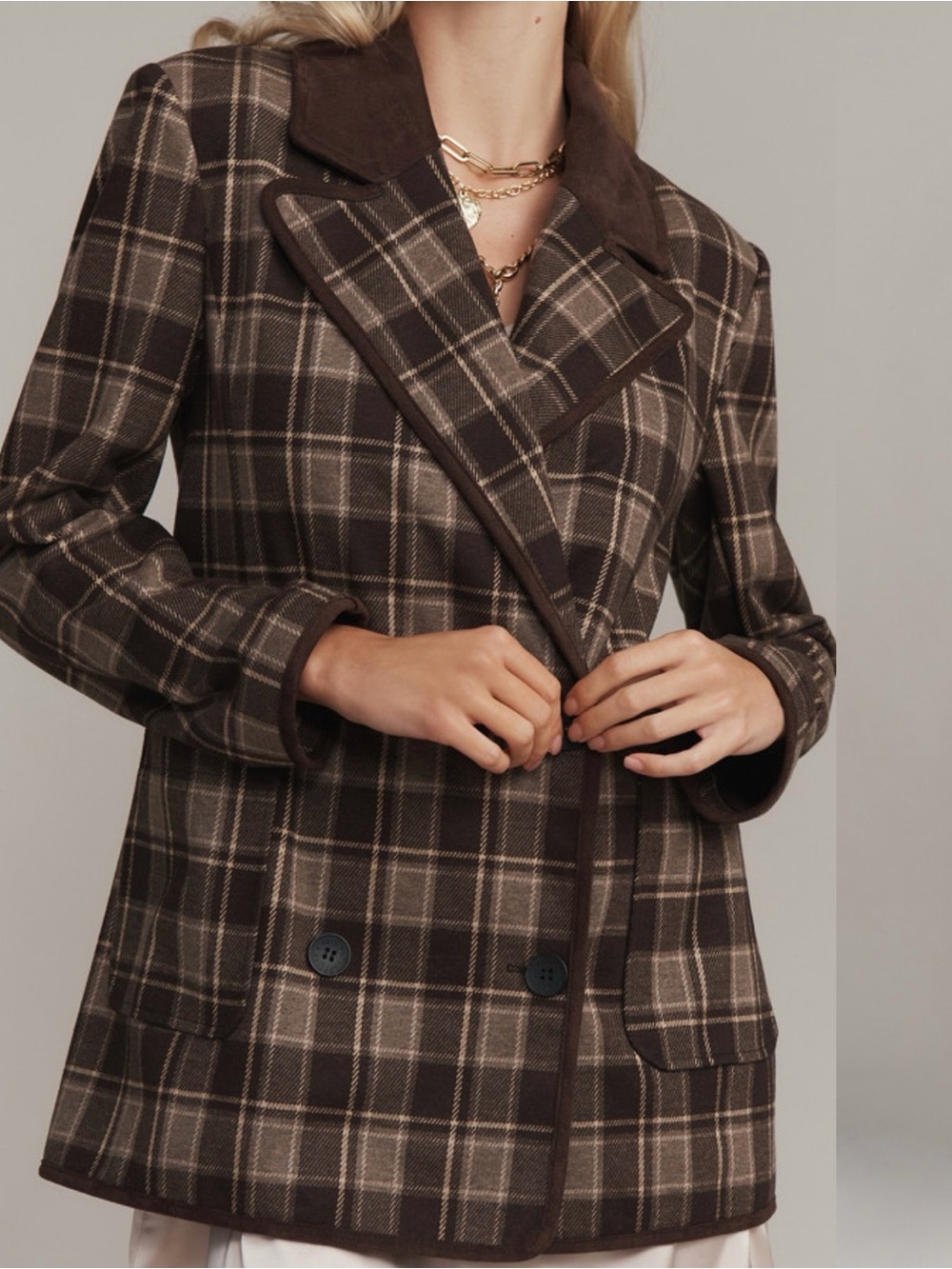 Avec Les Filles Brown Plaid Double-Breasted Blazer - Picture 3 of 4